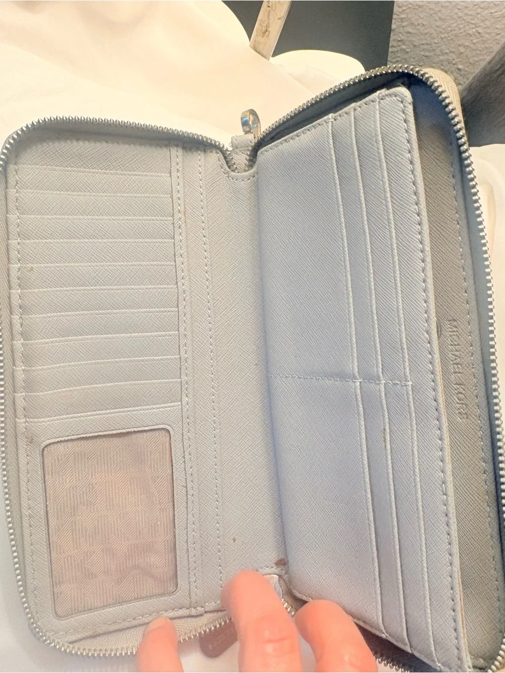 Michael Kors Light Gray Saffiano Zip Wallet with Silver Hardware